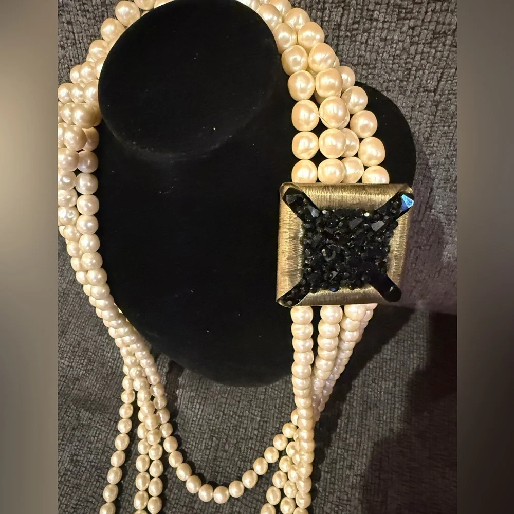 Vintage Four Strands Cream Faux Pearl Necklace W/ Black Beaded Pendant